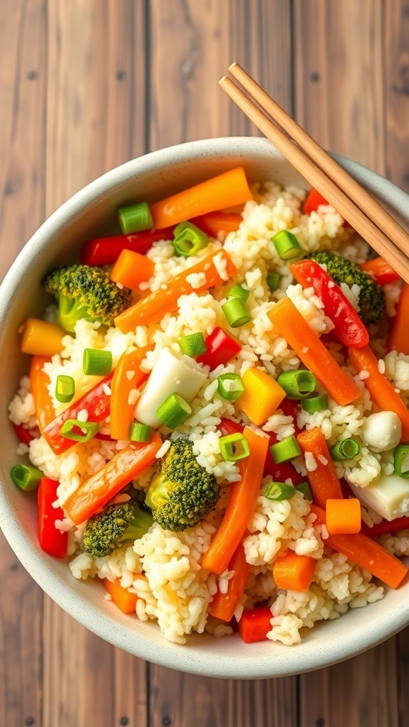 A colorful bowl of cauliflower rice stir-fry with vegetables and green onions, served with chopsticks on a wooden table.